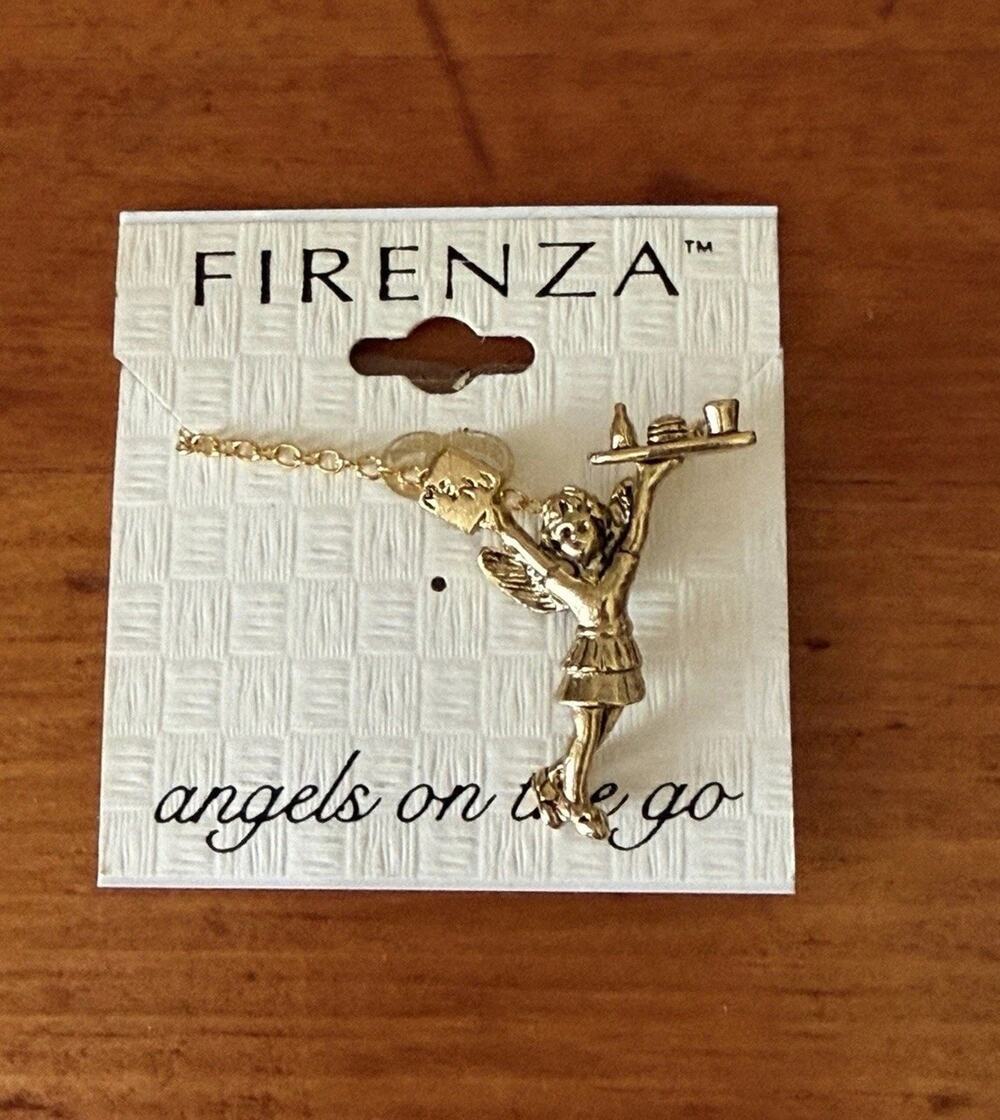 Firenza Angels On The Go Waitress Angel Pendant Necklace Gold Tone New On Card